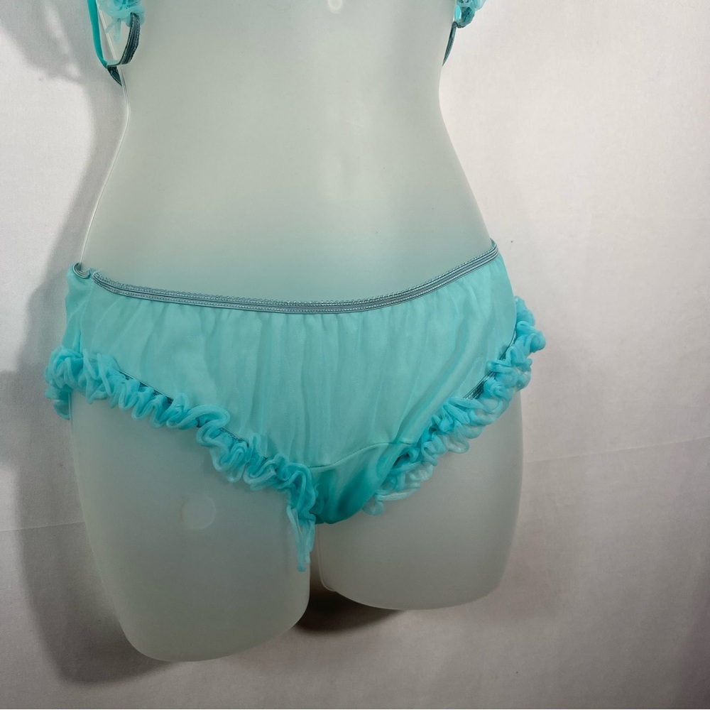 Vintage 1960s Tiffany Blue Mesh Ruffle Nightie Sleep Set Lingerie Peignoir Set - Picture 7 of 11